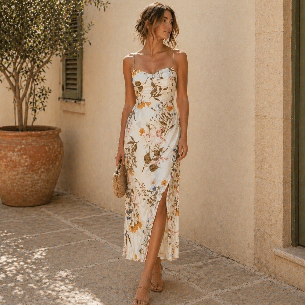 Reformation White Floral Midi Dress with Yellow & Green Print